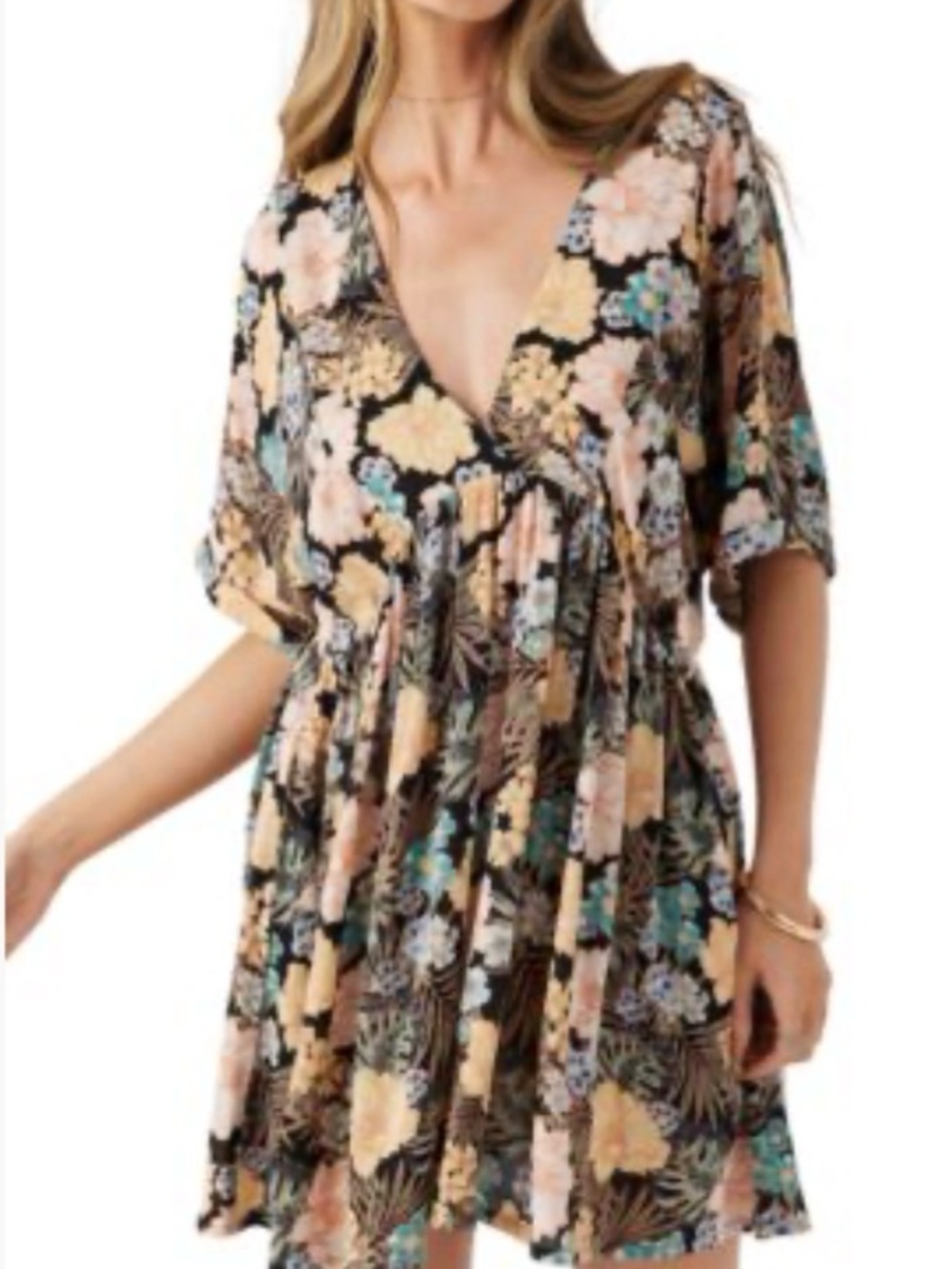 O'Neill Black Floral Mini Dress with Peach and Teal Accents